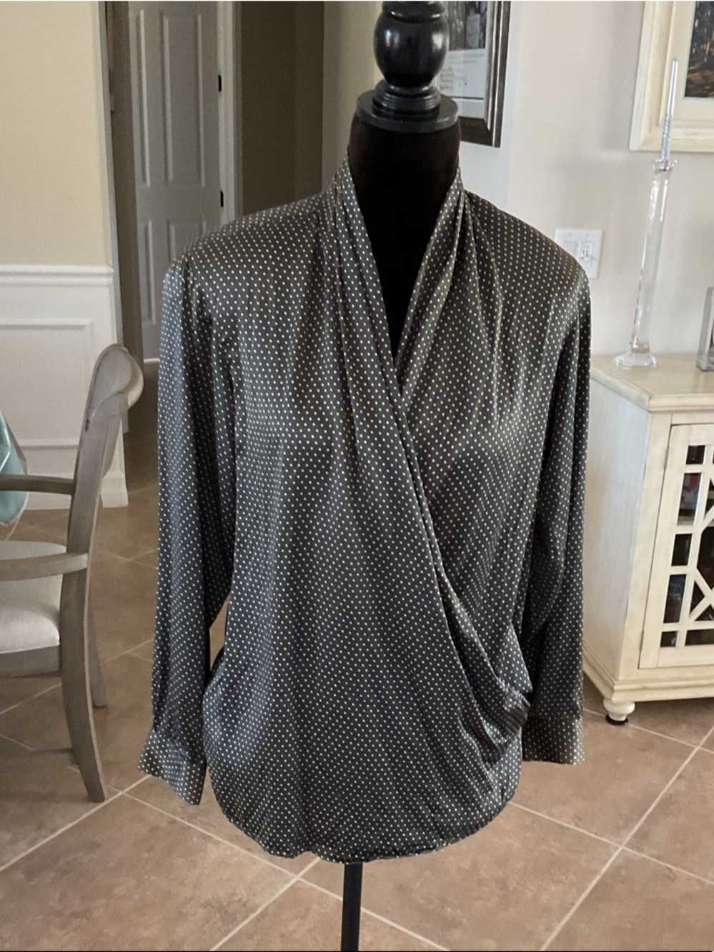 RODIER vintage blouse, polka dot, silk, dark gray/yellow, size 2 (rodier sizing)